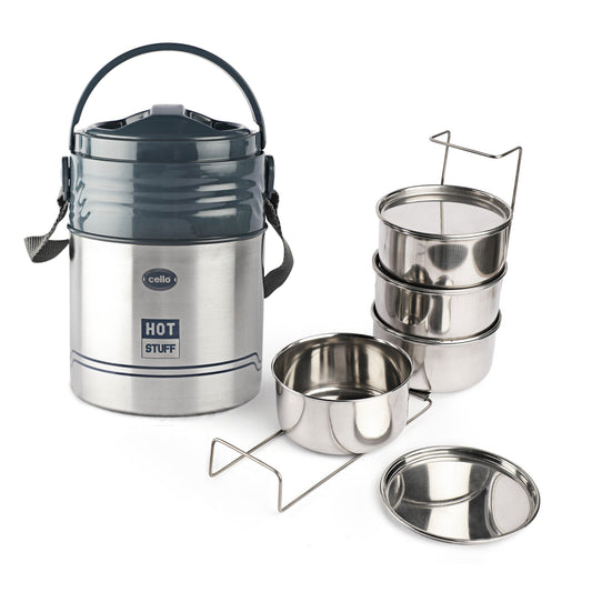 CELLO Hot Stuff Plastic Lunch Box Set, 390ml, Set of 4, Grey | Insulated Stainless Steel Containers