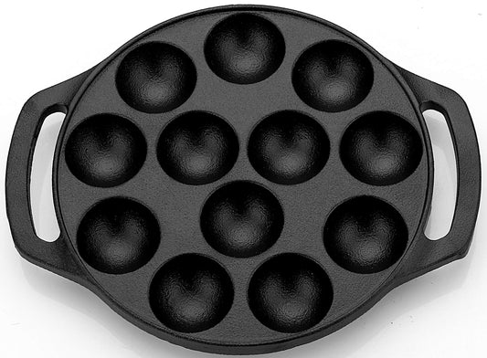 VARUDI Cast Iron Pre-Seasoned Paniyaram Appam Pan, Ponganalu Pan, Chatti Appam Maker, 12 Cavity, Black, 8 Inch Diameter