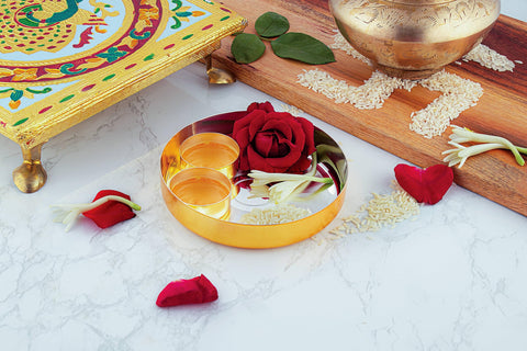 Silverglow Jain Pooja Set | Gold and Silver Plated Puja Thali Set | Diwali, Office, Mandir, Wedding Return Gift Item of 3 Pieces | Includes: Puja thali and Kesar vatis Silverglow Jain Pooja Set | Gold and Silver Plated Puja Thali Set | Diwali, Office, Mandir, Wedding Return Gift Item of 3 Pieces | Includes: Puja thali and Kesar vatis