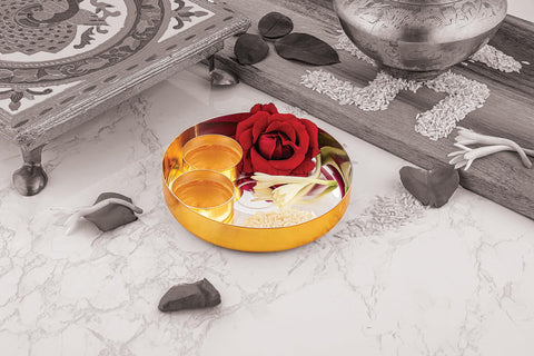 Silverglow Jain Pooja Set | Gold and Silver Plated Puja Thali Set | Diwali, Office, Mandir, Wedding Return Gift Item of 3 Pieces | Includes: Puja thali and Kesar vatis Silverglow Jain Pooja Set | Gold and Silver Plated Puja Thali Set | Diwali, Office, Mandir, Wedding Return Gift Item of 3 Pieces | Includes: Puja thali and Kesar vatis