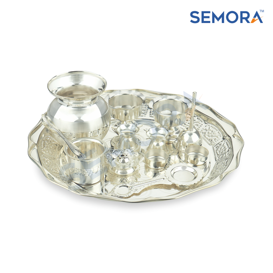 Semora Aaradhna Pooja Set 13 piece set Silver Plated  (13 Pieces, Silver)