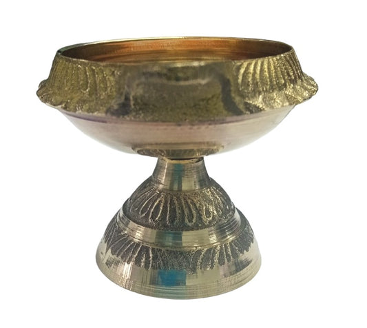 Handmade Brass Oil Lamp - Diya Lamp with Beautiful Stand Engraved Design/Kubera Deepa