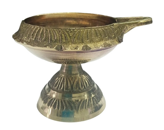 Handmade Brass Oil Lamp - Diya Lamp with Beautiful Stand Engraved Design/Kubera Deepa