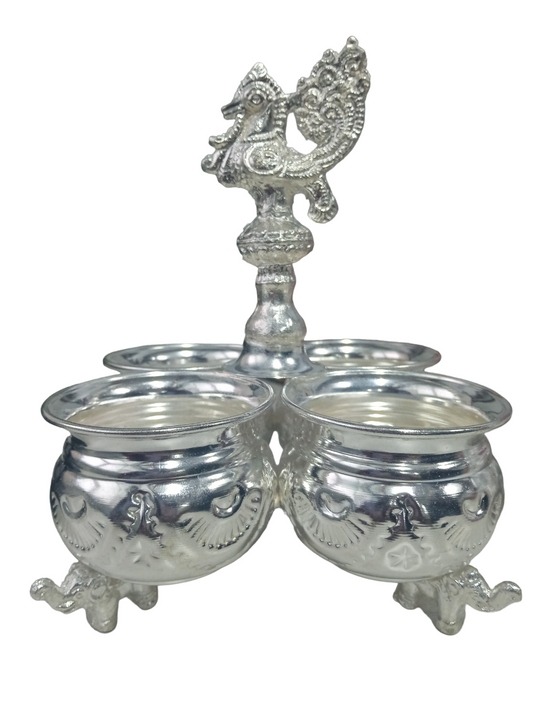 Silver Plated 4-cup Kumkum Barina with Elephant Leg |Pure Silver Plated 4-cup Panchwala with Elephant Leg