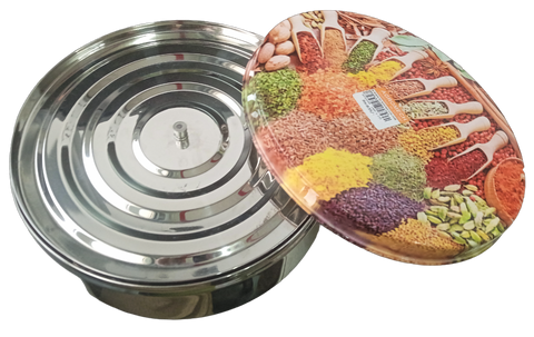 Bluebird Stainless Steel Masala Dabba/Spice Box Round for Storing Spices (Colour Print on LID NO:13)