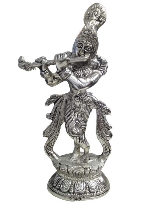 Hand Finished Divinity Collection Pewter Krishna Figurine Gift |Shri Krishna Playing on Flute - Brass Plated Statue - Color Silver