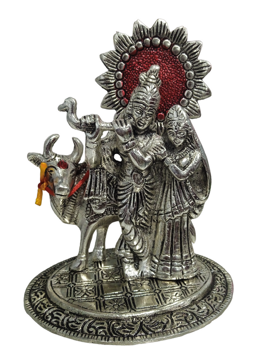 Handicraft White Metal Cute Lord Radha Krishna Spiritual Idol wth Cow | Silver Radha Krishna with Kamdhenu Cow, Lord Krishna