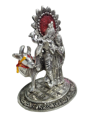 Handicraft White Metal Cute Lord Radha Krishna Spiritual Idol wth Cow | Silver Radha Krishna with Kamdhenu Cow, Lord Krishna