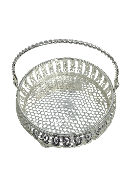 Silver Plated Tray: A Gleaming Blend of Pooja Tradition and Decorative Elegance | Metal Wedding/Gift/Packing Tray/Small Boat Wire Tray |Silver Plated Peach Enamel Chocolates/Candy Basket