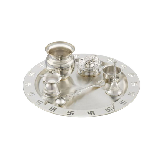 Silver Plated 7 Pcs Swastik Pooja Set 3127 | Complete Puja Thali Set for Home & Festivals