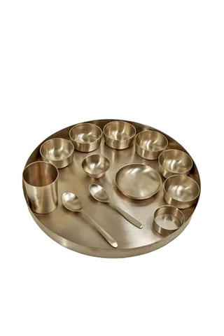 Pure Kansa Bronze Dinner Set - 13 Pcs Rajwadi Kansa Thali Set - Matte Finish Traditional Utensils for Dining - Ideal Gift for Special Occasions Pure Kansa Bronze Dinner Set - 13 Pcs Rajwadi Kansa Thali Set - Matte Finish Traditional Utensils for Dining - Ideal Gift for Special Occasions