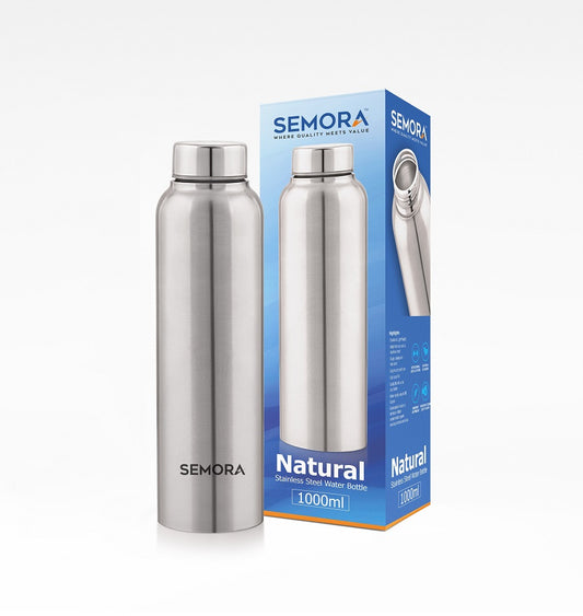Semora Natural Steel Water Bottle 1000ML (Pack of 1, Silver, Steel)