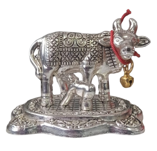 Silver Plated Kamdhenu Antique Cow & Calf Figurine Idol for Home Decorative/Office/Gifting/Pooja Metal Showpiece Statue for Return gift