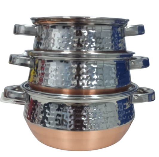 Copper Hammered SS Lid | Handi with Handles | Serving Indian Dishes | Combo Pack of 3 14cm/1000ML,16cm/1400ML,18cm/2000ML