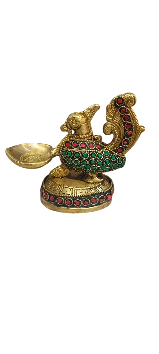 Metal Art Stone Finish Brass Peacock Deepak – Traditional Oil Lamp for Pooja, Decoration & Gifting