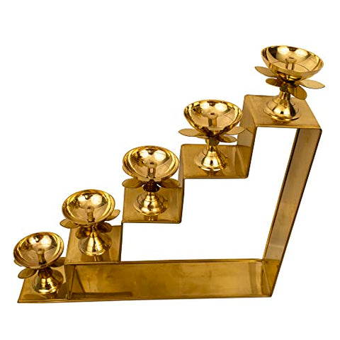 Traditional Brass 5 Step Diya for Puja | Pooja Aarti | Arti Deepak Deepam Oil Lamp for Home Temple Puja Articles Decor Gifts- 5 Step Diya
