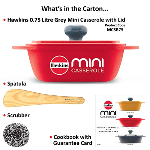Hawkins 0.75 Litre Mini Casserole with Lid, Square Series Die-Cast pan for Cooking, Reheating, Serving and Storing, Red (MCSR75)