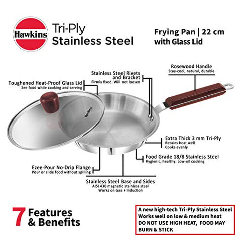 HAWKINS Tri-ply Stainless Steel Frying Pan 22 cm with Glass Lid, Silver, Standard (SSF22G) HAWKINS Tri-ply Stainless Steel Frying Pan 22 cm with Glass Lid, Silver, Standard (SSF22G)