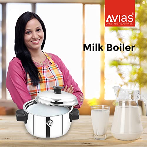 AVIAS Stainless Steel Milk Pot/Milk Boiler/Milk Cooker Double Wall with Whistle, 1 Litre, Silver, Standard (Milk Boiler 1.0 LTR)