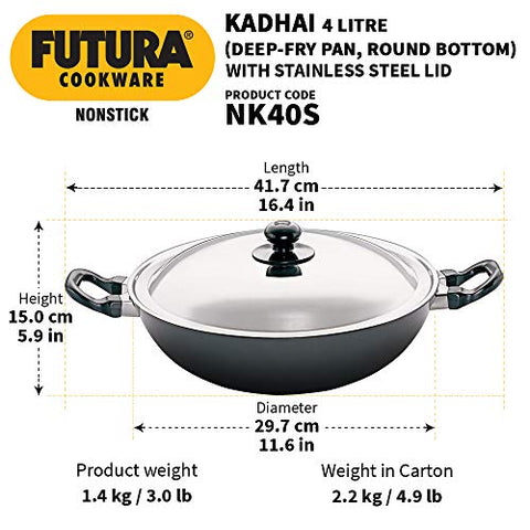 Futura Q 57 Non-Stick Deep-Fry Pan(Kadhai) 4.0 Litre with Steel Lid, 4 Liter, Gray Futura Q 57 Non-Stick Deep-Fry Pan(Kadhai) 4.0 Litre with Steel Lid, 4 Liter, Gray