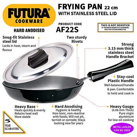 Hawkins Futura Hard Anodised Frying Pan With Steel Lid, 22cm Black