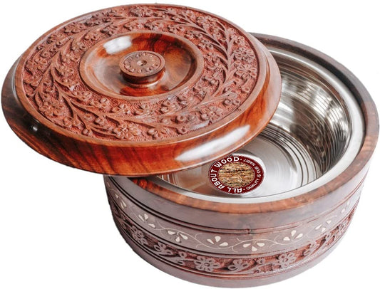 All About Wood Stainless Steel Insulated Wooden Casserole/Chapati Box -Set Of 1 9 Inches Option-1