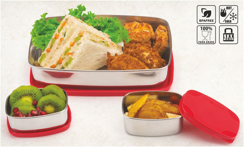 Signoraware Hot Shot Steel Lunch Box, 850ml+100ml+100ml, Set of 3, Red Signoraware Hot Shot Steel Lunch Box, 850ml+100ml+100ml, Set of 3, Red