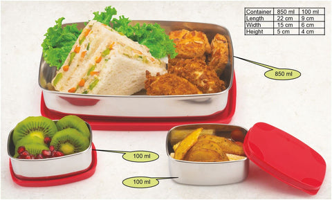 Signoraware Hot Shot Steel Lunch Box, 850ml+100ml+100ml, Set of 3, Red Signoraware Hot Shot Steel Lunch Box, 850ml+100ml+100ml, Set of 3, Red