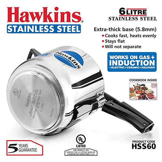 Hawkins 6 Litre Pressure Cooker, Stainless Steel Cooker, Induction Cooker, Silver (HSS60)