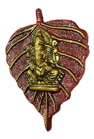 Lord Ganesha on Leaf White Metal Wall Hanging for Entrance Living Room Home Decoration (13 Cm, Red)