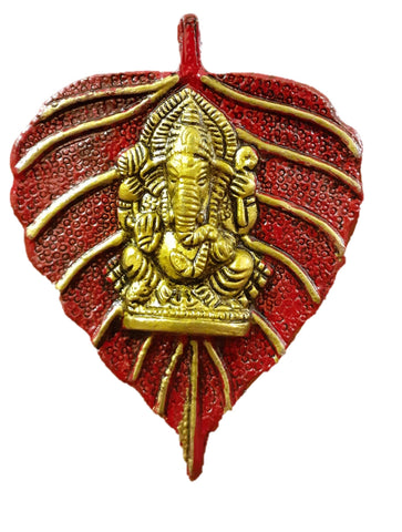 Lord Ganesha on Leaf White Metal Wall Hanging for Entrance Living Room Home Decoration (13 Cm, Red)