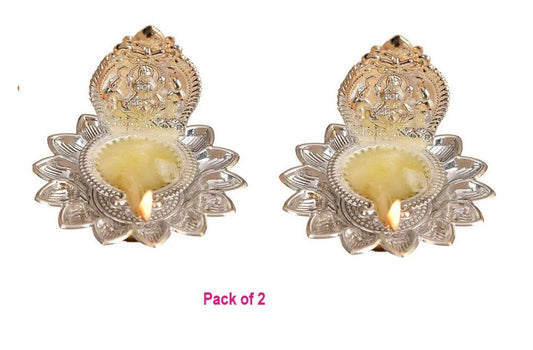 Illuminate Your Home with Prosperity: Lotus Laxmi Silver Plated Diya (Pack of 2)