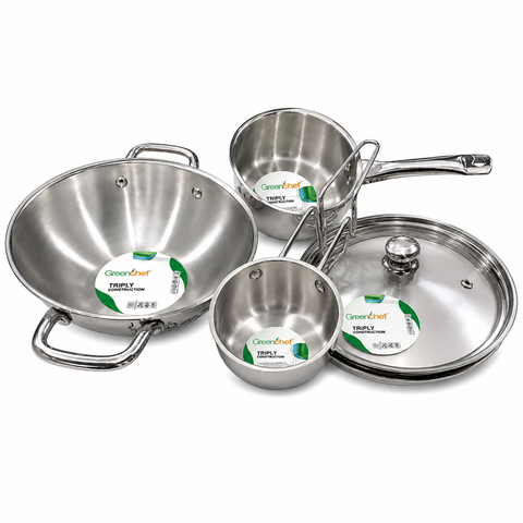 G.CHEF 6861 SMART SET TRIPLY COOKWARE COMBO (K 22CM + DEEP FP 22CM +SAUCEPAN 14CM + TADKA PAN)