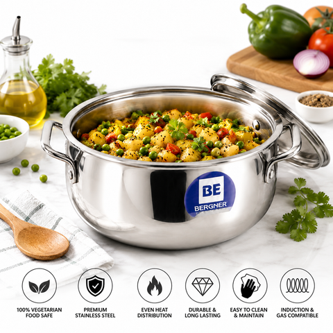 Bergner BE Essentials Tri-Ply Stainless Steel Rice Handi  24cm with Lid Handle & Knob | BGIN-6303