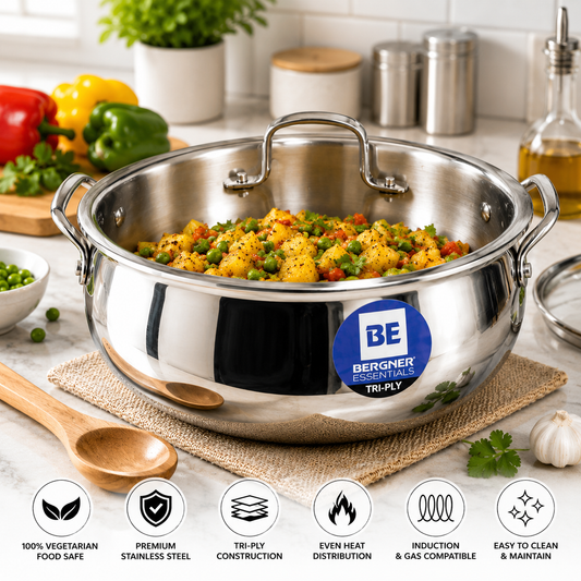 Bergner BE Essentials Tri-Ply Stainless Steel Rice Handi  28cm with Lid Handle & Knob | BGIN-6304