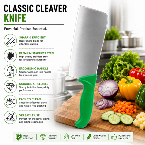 Cartini Cleaver Knife (Green) | Chopping and Splitting Bones Efficiently | Chaku for Home, Kitchen and Professional Chef Use | Ss Butcher Blade | Ergonomic Handle