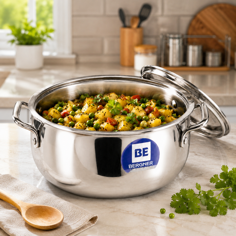 Bergner BE Essentials Tri-Ply Stainless Steel Rice Handi  24cm with Lid Handle & Knob | BGIN-6303