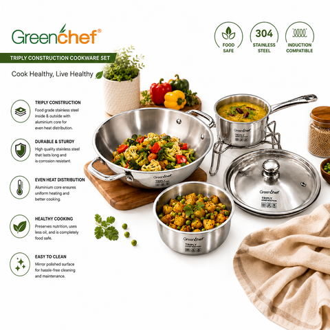 G.CHEF 6861 SMART SET TRIPLY COOKWARE COMBO (K 22CM + DEEP FP 22CM +SAUCEPAN 14CM + TADKA PAN)