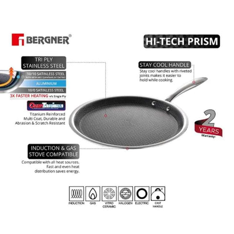 Bergner Hitech Prism 30cm Silver Non Stick Stainless Steel Tawa, BG-31161-MM