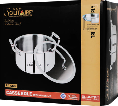 Solitaire Triply 20cm Casserole with Lid - Model 10179, Induction