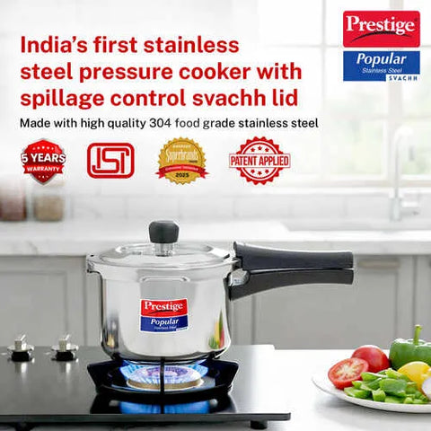 Prestige Svachh Popular Spillage Control Stainless Steel Pressure Cooker, (Silver) | Gas and Induction Compatible