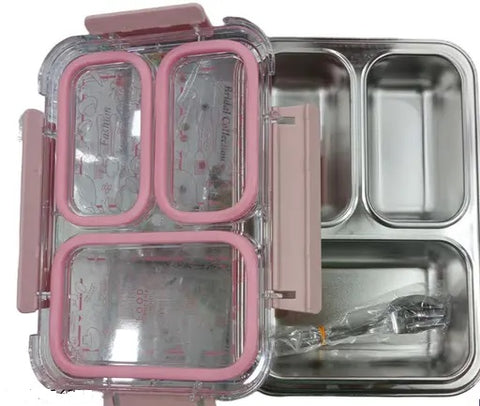 JAYPEE Stainless Steel Inner Exteel Insulated Three Cavity Lunch Box, Lunch Box Suitable for School, Offices and picnics, Microwave Safe Pink, 600 ml (Green)