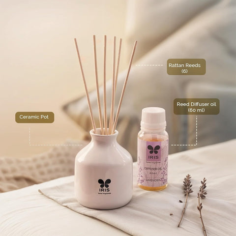 IRIS Home Fragrance,60Ml Lavender Reed Diffuser Set |Free 6 Reeds Sticks of 7.5"|Stress Relief & Aromatherapy |Long-Lasting,Smoke-Free Air Freshener for Home,Bedroom and Office | Ideal for Gifting
