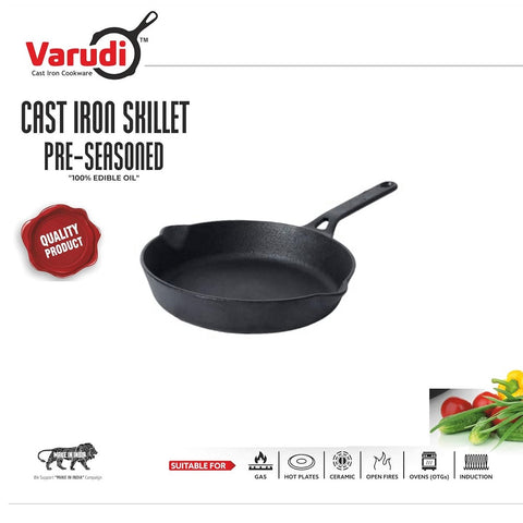 Varudi Cast Iron Fry Pan (20 cm) Skillet Long Handle With Silicon Grip Fry Pan 37 cm, 20 cm diameter 1 L capacity (Cast Iron)