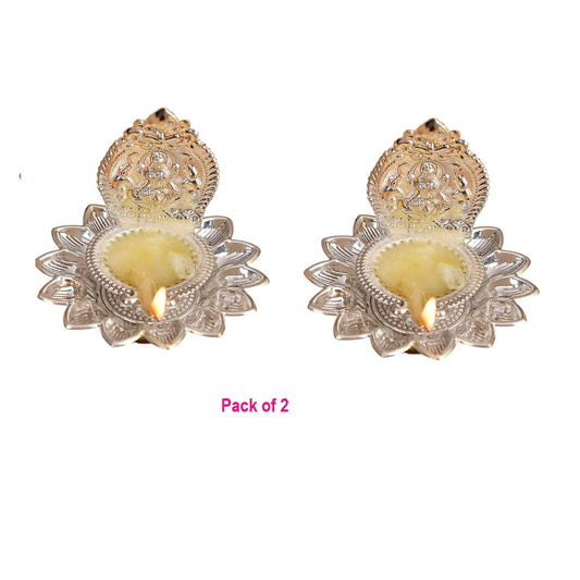 Lotus Laxmi Diya/Deepam/Deepak Silver Plated (Pack of 2)