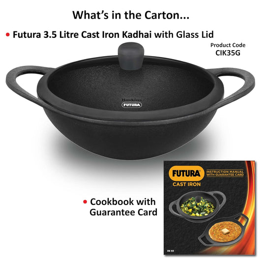 Futura Cast Iron Kadhai 3.5L with Glass Lid (CIK35G) – 37 cm Diameter, Durable & Even Heat Retention