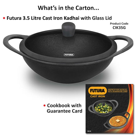 Futura Cast Iron Kadhai 3.5L with Glass Lid (CIK35G) – 37 cm Diameter, Durable & Even Heat Retention