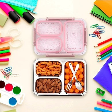 JAYPEE Stainless Steel Inner Exteel Insulated Three Cavity Lunch Box, Lunch Box Suitable for School, Offices and picnics, Microwave Safe Pink, 600 ml (Green)