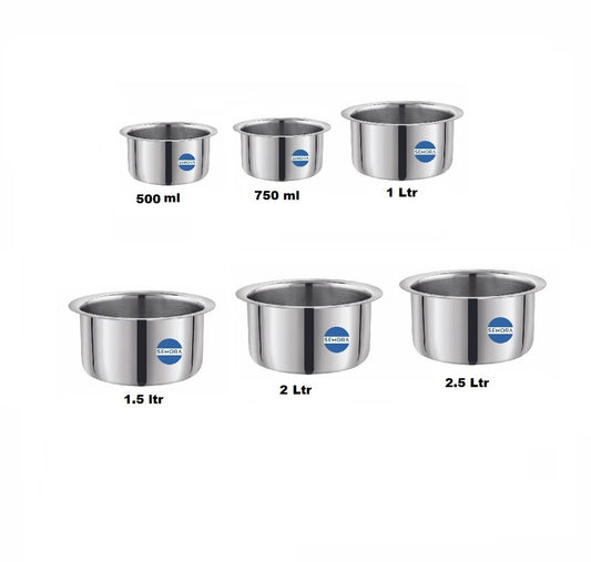 Stainless Steel Round Bottom Tope, Bhagona, Dekchi No.10 to 15 (6pc)Set Tope