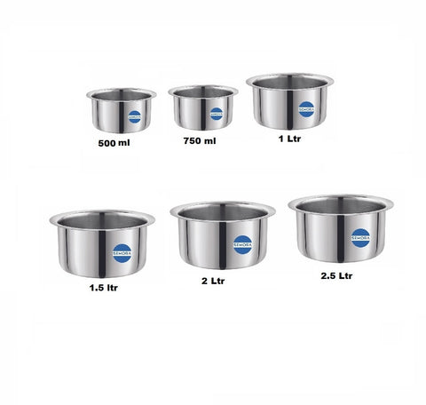 Stainless Steel Round Bottom Tope, Bhagona, Dekchi No.10 to 15 (6pc)Set Tope